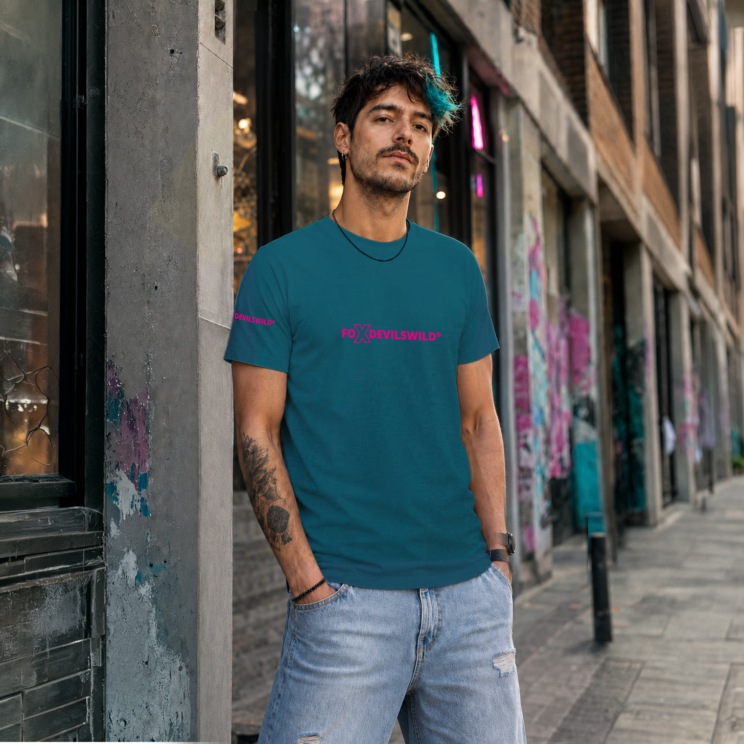 Foxdevilswild® T-Shirt - style eleven - Workwear / Freizeitshirt petrol / fuchsia