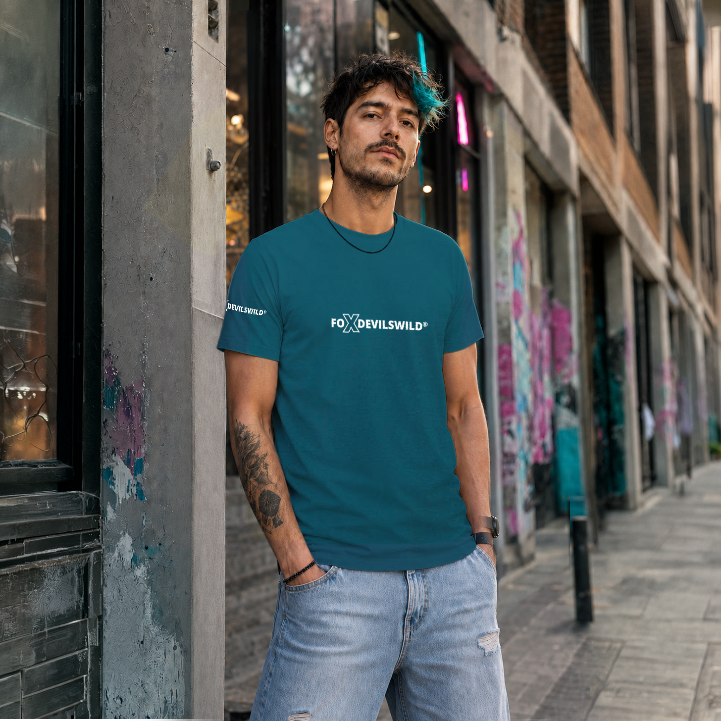 Foxdevilswild® T-Shirt - style eleven - Workwear / Freizeitshirt petrol / weiss