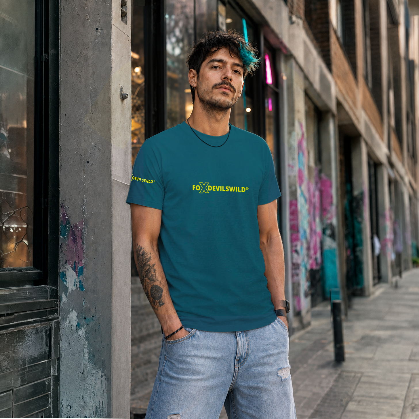 Foxdevilswild® T-Shirt - style eleven - Workwear / Freizeitshirt petrol / lime