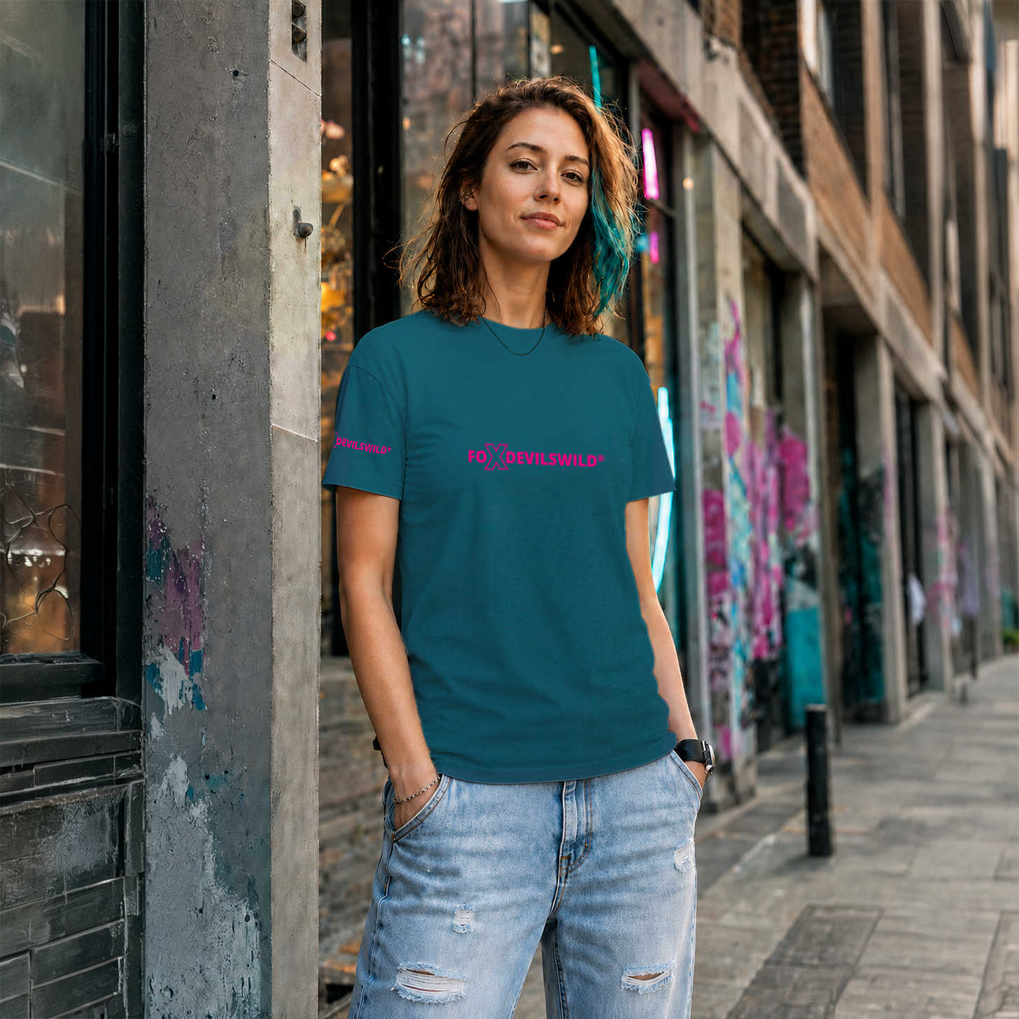 Foxdevilswild® T-Shirt - style eleven - Workwear / Freizeitshirt petrol / fuchsia
