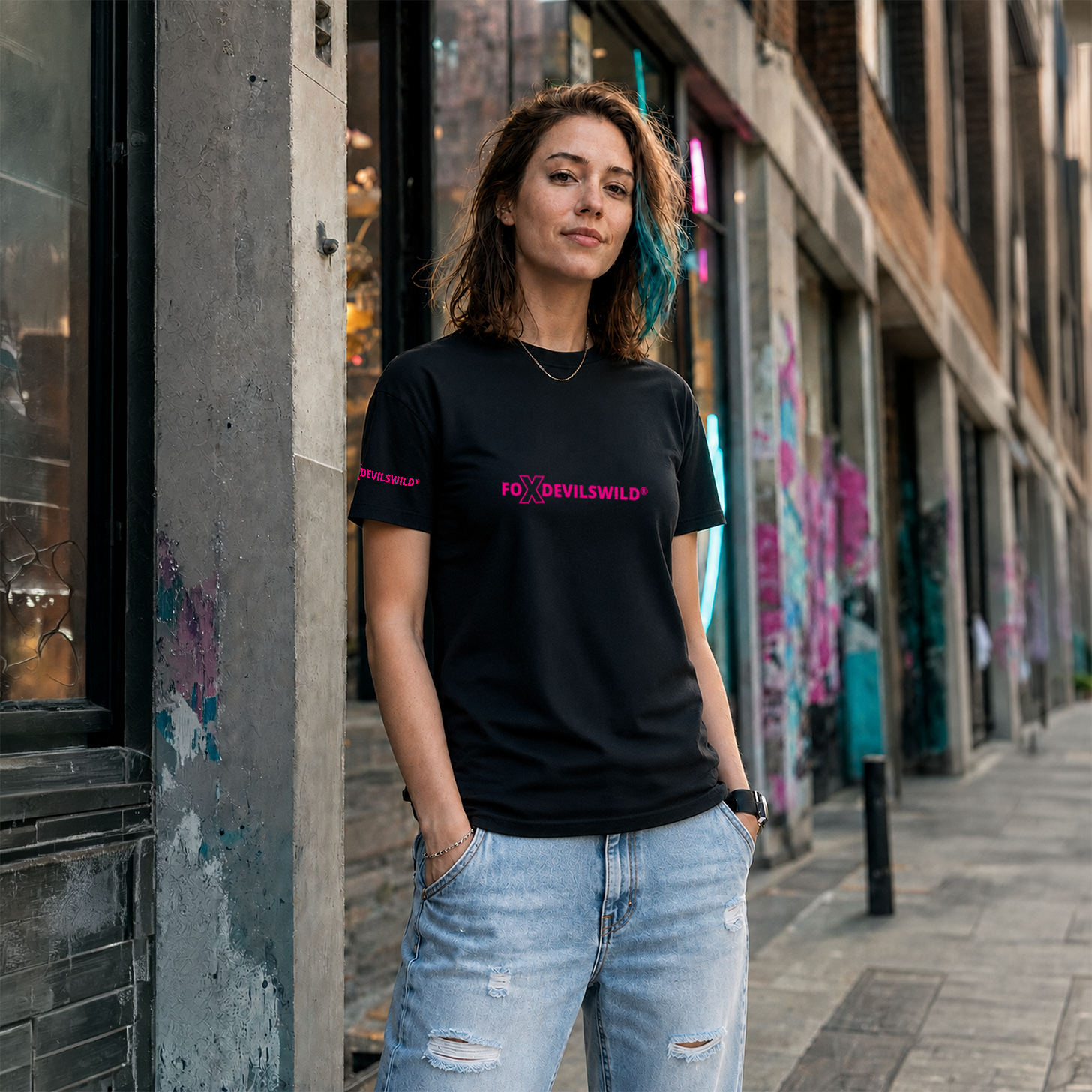 Foxdevilswild® T-Shirt - style eleven - Workwear / Freizeitshirt schwarz / fuchsia